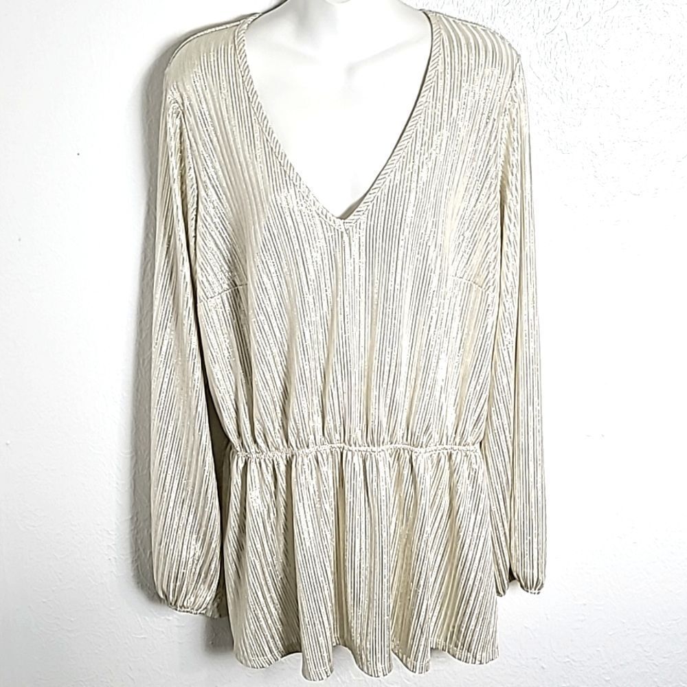 Lane Bryant White & Silver Metallic Top, Peplum Waist, Longsleeves, Size 22/24